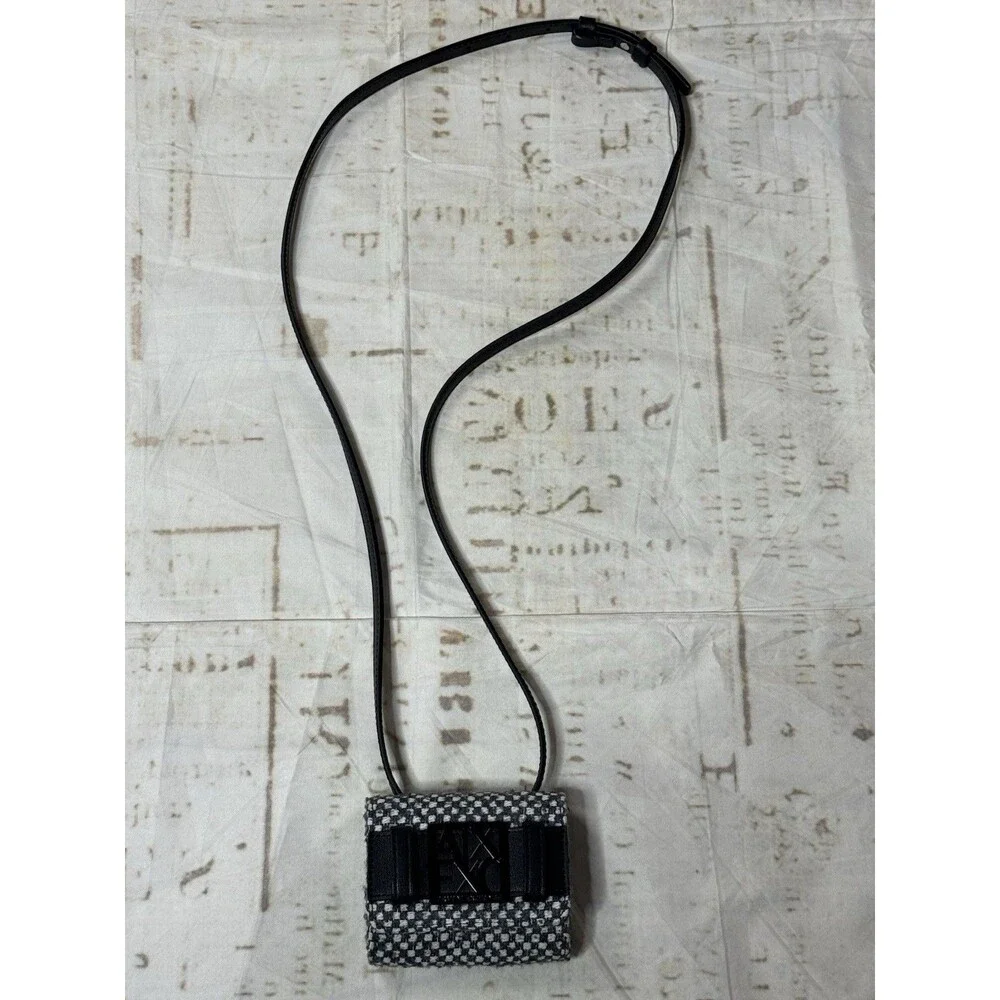 Armani Exchange mini crossbody, black/white/gray houndstooth logo, magnetic